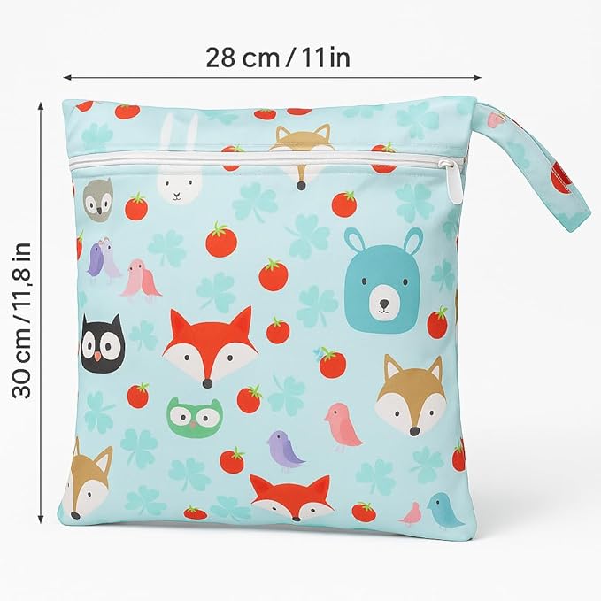 FANALALA Waterproof Wet Dry Bag, Reusable Diaper Pouch with Zipper, Machine Washable Travel Organizer for Beach, Daycare, Kids, Dinosaur Pattern (Red Fox)