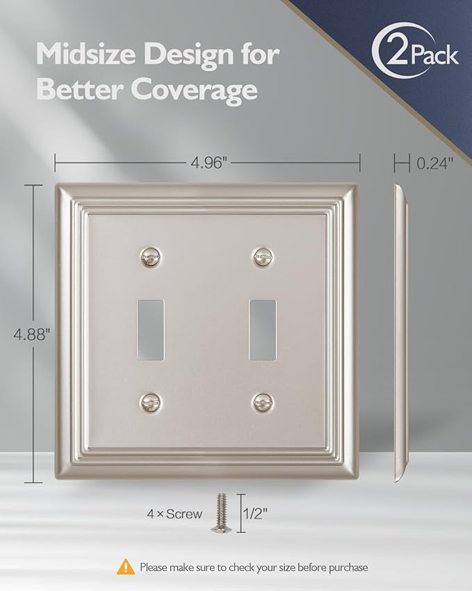 2-Pack Double Toggle Wall Plate, Metal Switch Plate Cover, Satin Nickel Light Switch Cover, Midsize, A031 Series