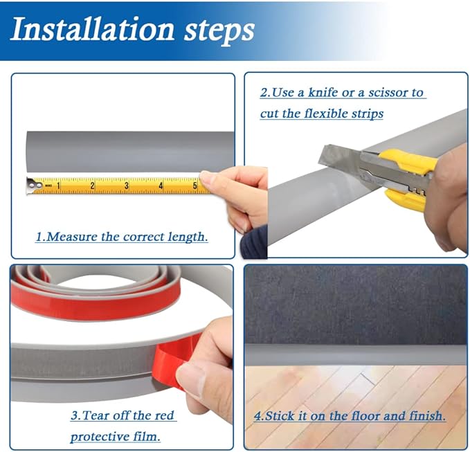 Floor Transition Strip Self Adhesive Carpet & Flooring Transitions Edging Trim Strip PVC Threshold Transitions Suitable for Threshold Height Less Than 5mm (20Ft, Gray)