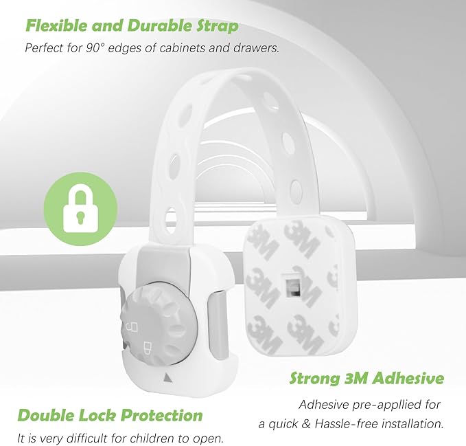 Songaa Child Safety Cabinets Strap Locks 4 Pack - Adjustable Baby Proofing Cabinet Latches for Drawers, Oven, Dishwasher, Fridge, Toilet Seat, Trash Can, with 3M Adhesive Pads - Gray