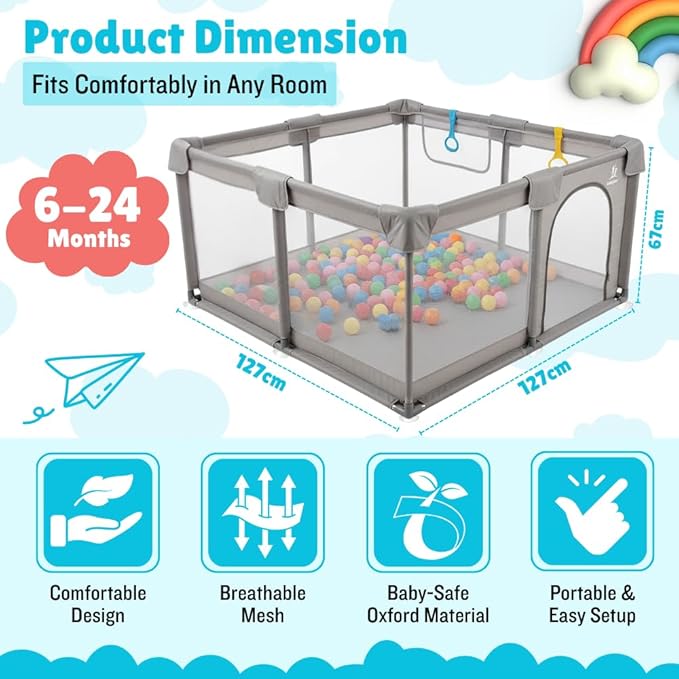Baby Playpen for Babies & Toddlers, Large Playpen with Breathable Mesh, Anti-Slip Suction Cups, Zipper Door, Portable Indoor Outdoor Baby Play Yard with Balls & Storage Bag