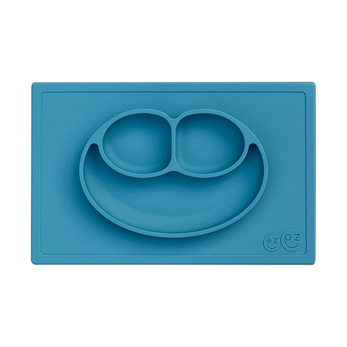 ezpz Happy Mat (Blue) - 24 Months+ - 100% Silicone Suction Placemat + Divided Plate with Three Compartments - Toddler + Preschool Essentials