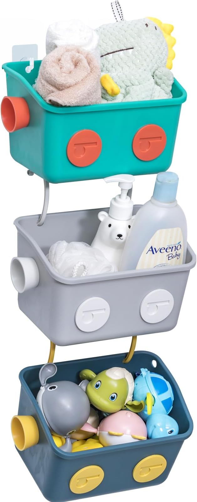 LUFOFOX Bath Toy Storage Organizer Basket, 3 Layers Colorful Robot Modeling Wall Mounted Kids Hanging Shower Caddy with Hooks for Shampoo