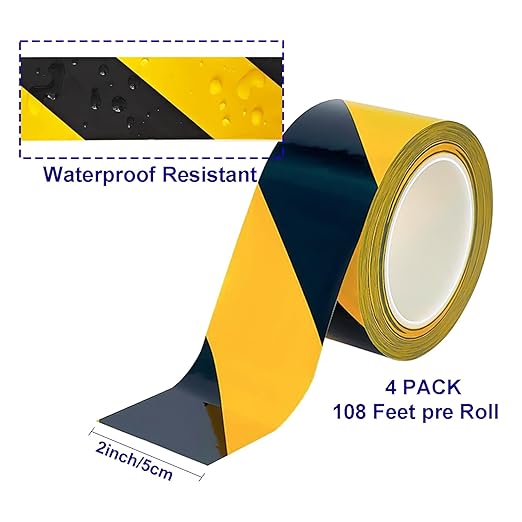Floor Marking Tape, 4 Rolls Black and Yellow Safety Striped Tape for Hazard Warning and Aisle Marking, High-Tensile, Tear-Resistant, 2 Inch x 108 Feet, Heavy Duty Adhesive