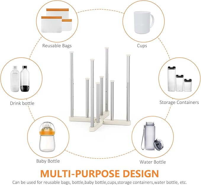 KORRTFID Reusable Storage Bag Drying Rack, Retractable Metal Bottle Drying Rack,Collapsible Cup Draining Rack for Water Bottles, Mason Jars,Mugs,Glass and Sports Bottle (2 PCS)