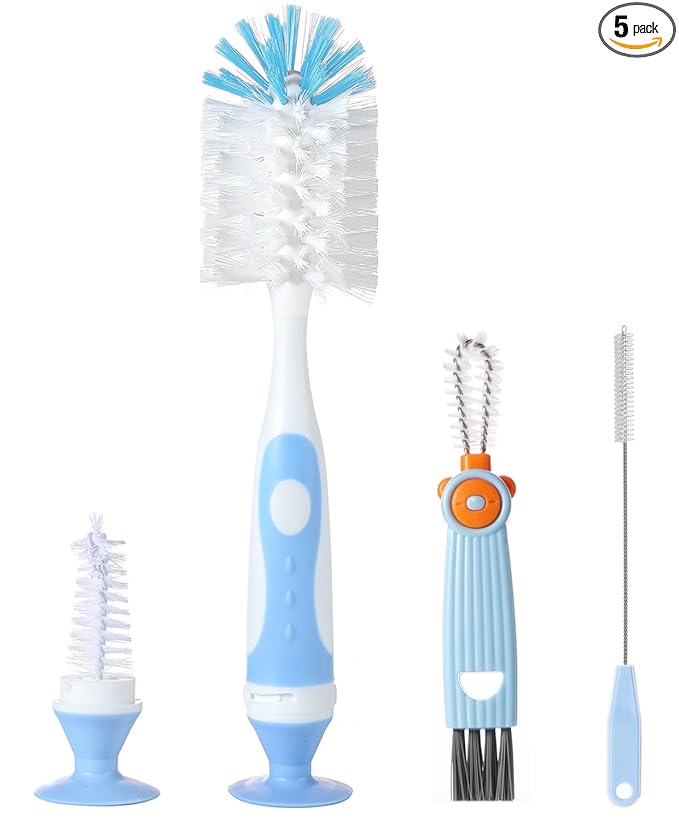 Ariseno 4-in-1 Baby Bottle Brush Set, Bottle Brush for Baby, Bottle Cleaner Brush Set, Including Nylon Bottle Brush, Bottle Cap Brush, Straw Brush, Nipple Brush, BPA-Free (Blue)