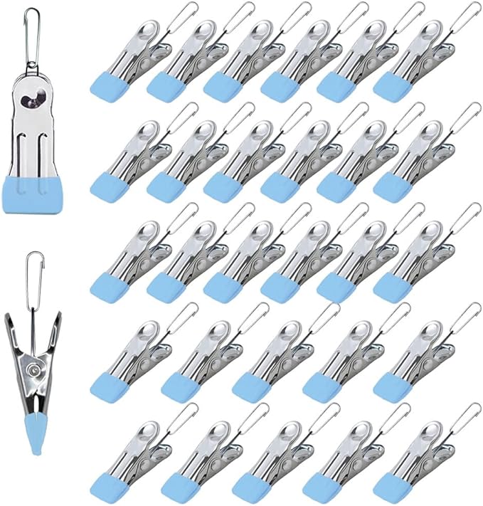 Multipurpose Heavy Duty Stainless Steel Clothespins, Clothes Pins for Laundry, Towel Drying Clips, Outdoor Clothespins for Socks, Towels, Snacks, Photo (30, Blue)