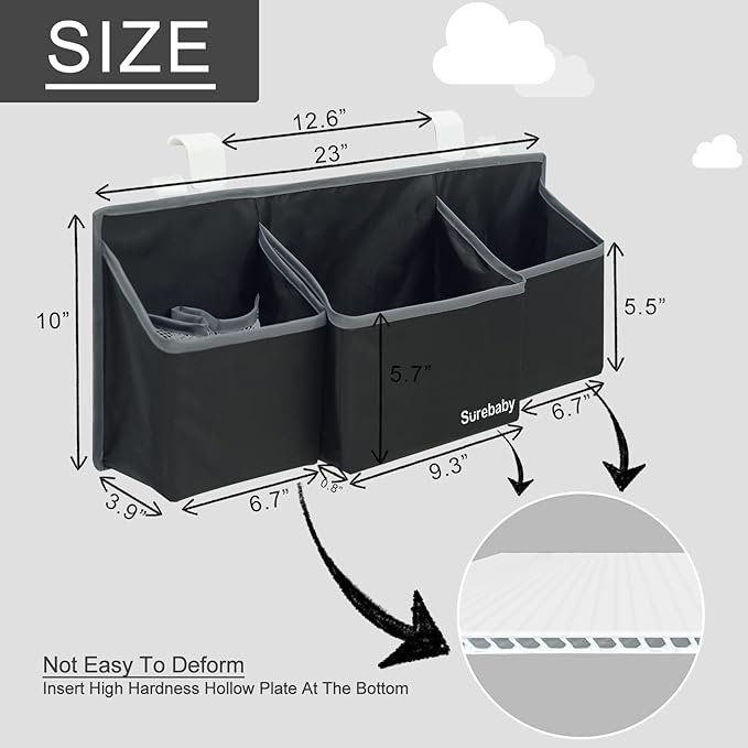 Hanging Baby Diaper Caddy, 3-in-1 Changing Table Diaper Organizer Holder For Baby Crib, Nursery Organization Diaper Stacker Storage For Crib, Changing Table-Black