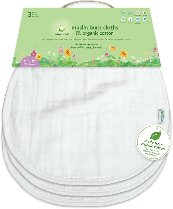green sprouts Muslin Burp Cloths made from Organic Cotton | 4 absorbent layers protect from sniffles,drips & drools | 100% organic cotton muslin,Super soft & softer with every wash,Machine washable