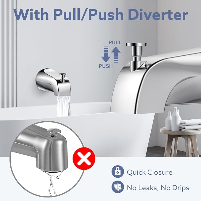 Tub Spout with Diverter – Slip-Fit Bathtub Faucet Spout Replacement, 1/2” Copper Pipe Connection, Easy to Install, Universal for Bathroom Shower (Chrome)