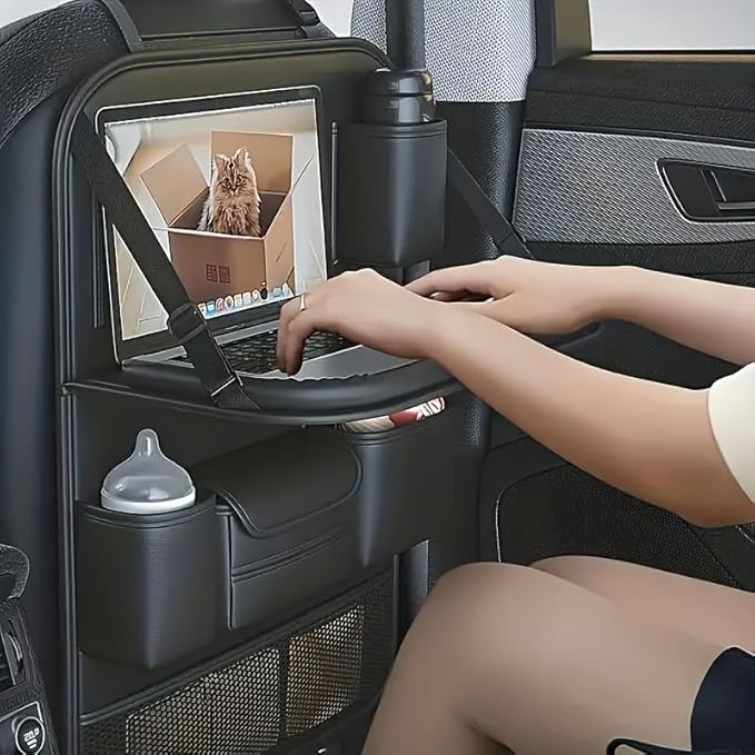 Mautopily Car Backseat Organizer with Foldable Table Tray - Universal Auto Seat Back Organizer with Tablet Holder, Kick Mats Protector, Storage Pockets for SUV Sedan