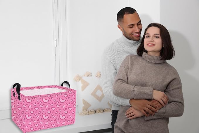 Essme Rectangular Valentine's Day Basket,Pink Heart Storage Bins Organizer with Handles for Girls Room Decor, Gift Basket,Shelf Basket.(Leopard print heart)
