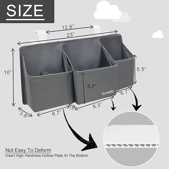 Hanging Baby Diaper Caddy, 3-in-1 Diaper Caddy Organizer Holder For Baby Crib, Nursery Organization Diaper Stacker Storage For Crib, Changing Table-Grey
