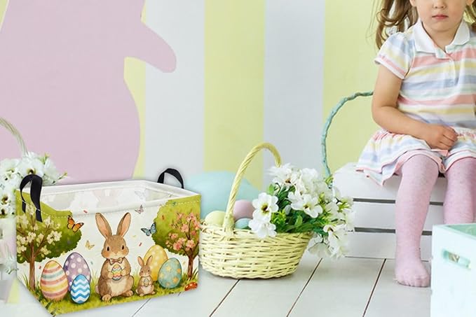 Essme Rectangular Easter Basket, Kids Storage bin Organizer with Handles for Easter Decor,Shelf Basket,Toy Organizer,Easter Baskets.(Cute Easter Basket)