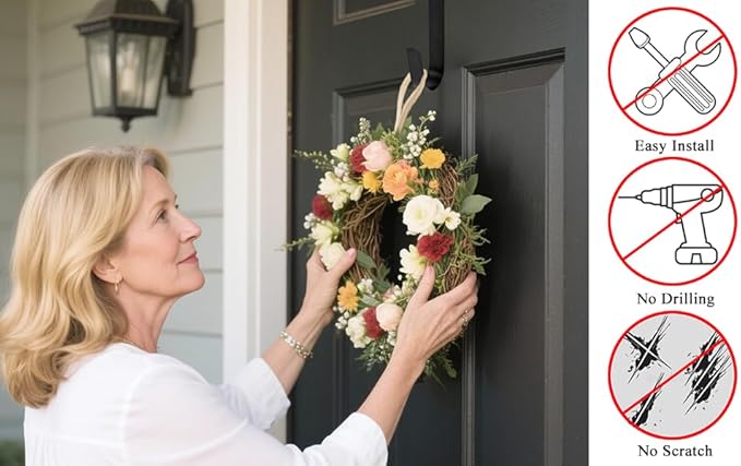 Sattiyrch 15" Wreath Hanger for Front Door,Sturdy Steel Wreath Door Hanger,Over The Door Hanger Hook (Silver,2)