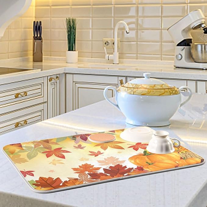 Autumn Fall Dish Drying Mat for Kitchen Counter Pumpkin Maple Leaves Drying Mat 18 x 24 Inch with Absorbent Reversible Microfiber Dish Drying Pad Dish Rack Drainer Mats for Coffee Bar