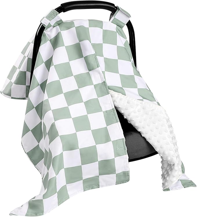 DILIMI Baby Car Seat Cover, Minky Warm Winter Car Seat Covers for Babies, Peekaboo Opening Infant Car Seat Cover, Nursing Cover Carseat Canopy, Green Checkered