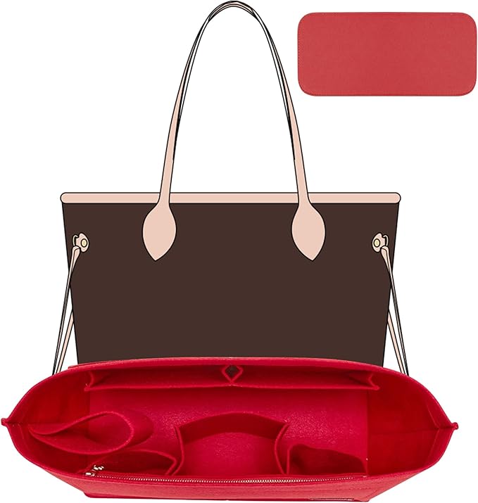 Purse Organizer Insert with Base Shaper,Felt Tote Bag Organizer Insert Compatible with Speedy 30 Neverfull MM,City 33 and More,Bag Inner Shaper for Luxury Bags,Red/L