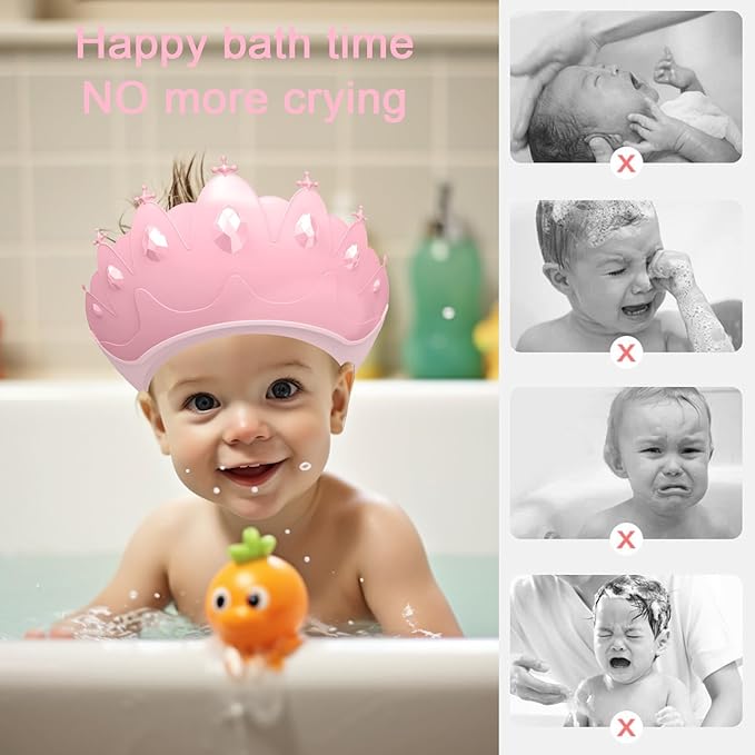 Baby Shower Cap Shield, Baby bath set shower cap, Visor Hat for Eye and Ear Protection for 0-9 Years Old Children,Cute Crown Shape Makes the Baby Bath More Fun (Pink)