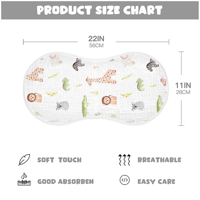 Muslin Baby Burp Cloths Set of 2, Soft Absorbent Safari Animals Muslin Washcloths, Bibs, Face Towel for Newborn Boys Girls, 22 x 11 Inch