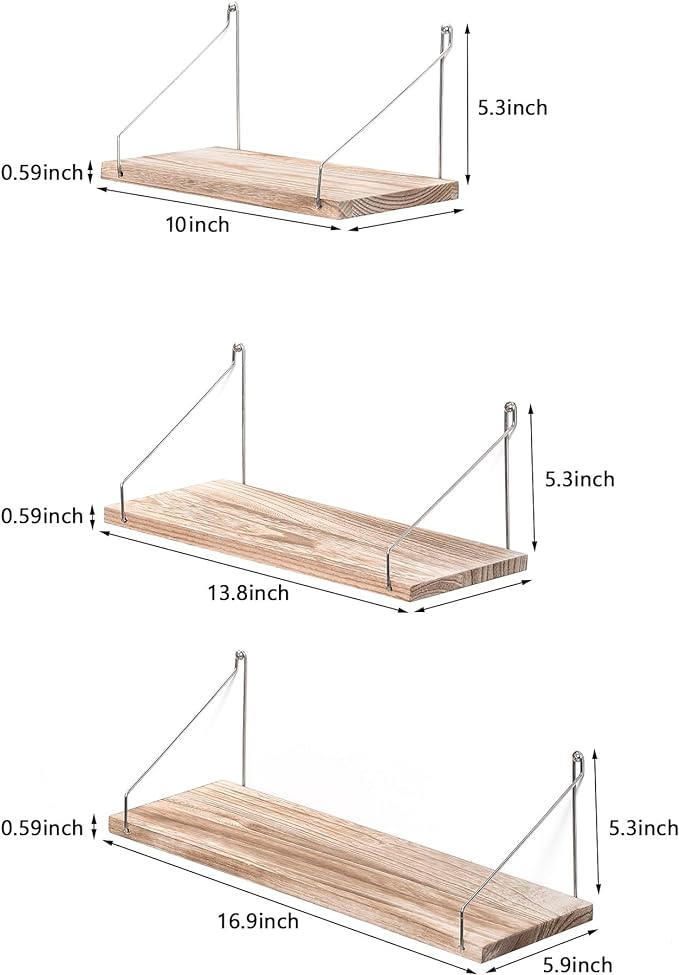 MITIME Floating Shelves Set of 3 Rustic Solid Wood Floating Shelf Wall Storage Shelves for Living Room, Bedroom, Bathroom, Kitchen Laundry, Office,no Drill Shelf (Light Color L+M+S)