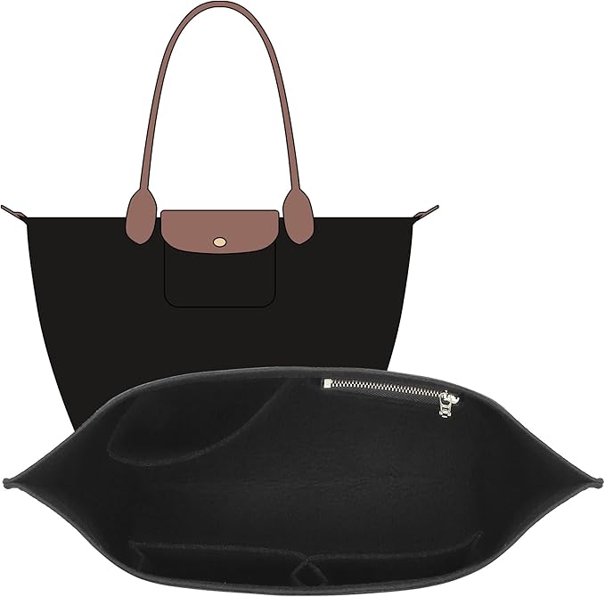 Felt Purse Organizer Insert Compatible with Longchamp Lepliage M Tote Bag(Long Handle), Zipper Long Champ Medium Organizer Insert with Cup Holder, 8 Compartments Bag Liner Shaper(Black,M)