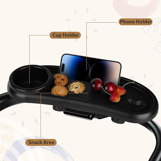 Universal Stroller Snack Tray with Cup Holder and Silicone Flexible Arms Gripper, Black Adjustable BPA-Free Non-slip Snack Tray for Stroller Accessories Easy to Clean