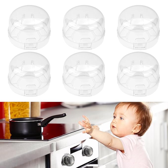 6-Pack Stove Knob Safety Covers,Upgraded Press Gas Stove Knob Locks,Durable Design Childproof Oven Knob Locks for Babies and Pets, Sticky and Easy to Install,Transparent