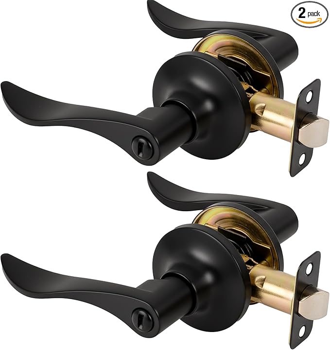 Privacy Door Handle with Lock Keyless Door Lever for Bathroom and Bedroom Matte Black Wave Style Interior Door Handles 2 Pack