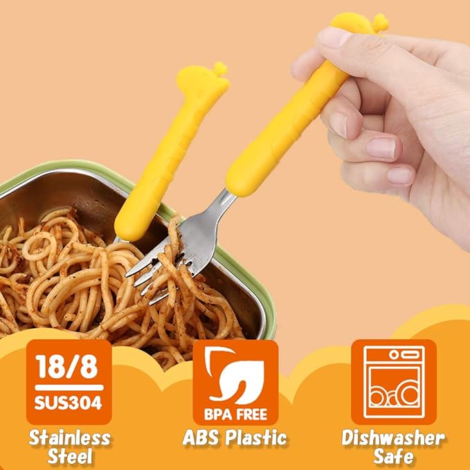 Toddler Utensils Kids Spoon and Fork Set 18/8 Stainless Steel Silverware BPA Free Cute Giraffe Child Flatware with Travel Case for Age 3+