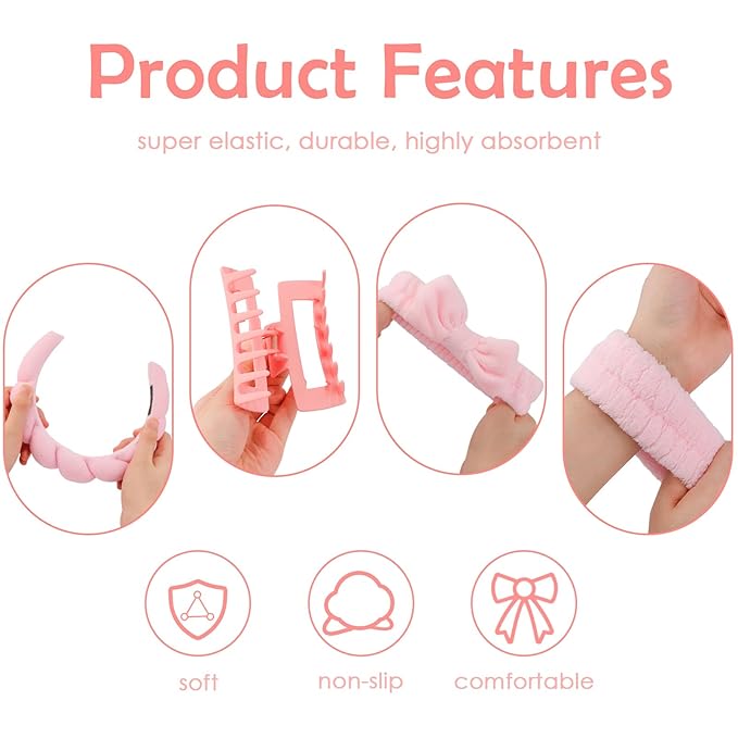 Canitor Spa Headband Wrist Bands Set with Hair Clips Skincare for Washing Face Skin Care Makeup Preppy Tween Teen Girl Gifts Cute Trendy Stuff Hair Accessories for Women (pink)