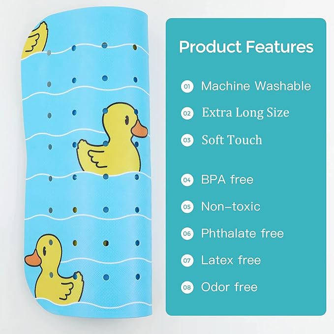 Tubozadi Bathtub Mat Non Slip Shower Mat for Kids Adults & Elderly 40X16 Inch Extra Long Anti Slip Bath Mats for tub Mat with Suction Cups and Drain Holes,Duck