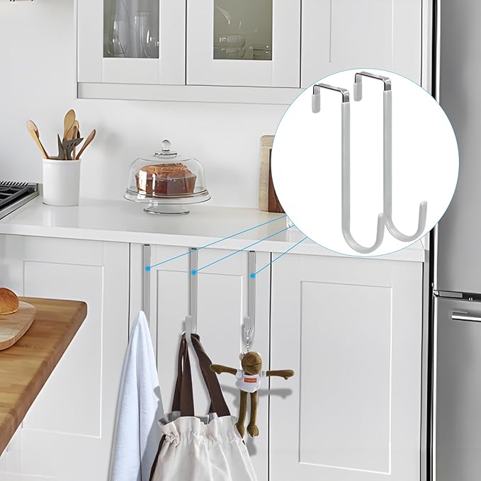 FYY Over the Door Hooks - 4 Pack Upgraded Long Door Hangers Hooks with Rubber Prevent Scratches Heavy Duty Organizer Hooks for Hanging Clothes, Towels, Hats, Coats, Bags Sliver