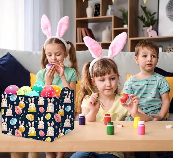 TIBAOLOVER Rectangular Easter Basket for Kids & Baby - Cute Toy Storage Bin, Organizer Shelf, Book Basket & Room Decor (Dark Blue Easter)