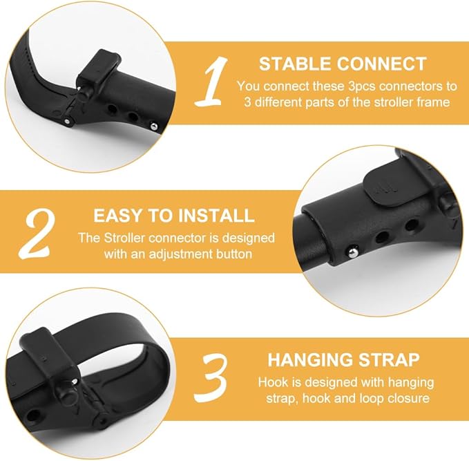 3pcs Stroller Connector with 2pcs Stroller Hook, Connector for Toddlers, Quick Release Adjustable Length with Hook Stroller Connector Set Twins(Black)