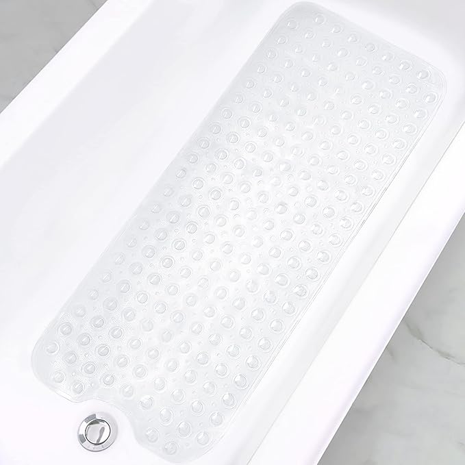 Linoows Bathtub and Shower Mats, Extra Long Non-Slip Bath Tub Mat 39 x 16 Inch, Machine Washable Bathmat with Suction Cups & Drain Holes for Bathroom Floor, Clear