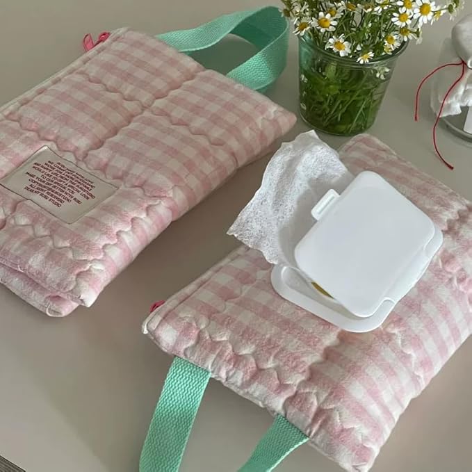 HIBEAR Quilted Diaper Wipe Pouch Portable Mommy Bag Refillable Floral Baby Wipe Holder for Travel Stroller Daily Casual (Plaid B)