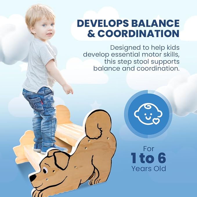 Motherly Haven Wooden Step Stool for Toddlers & Kids, 2-Step Dog Design, Anti-Slip Bathroom Toilet Potty Training Stool, Durable Kitchen Step Stools for Independence & Safety