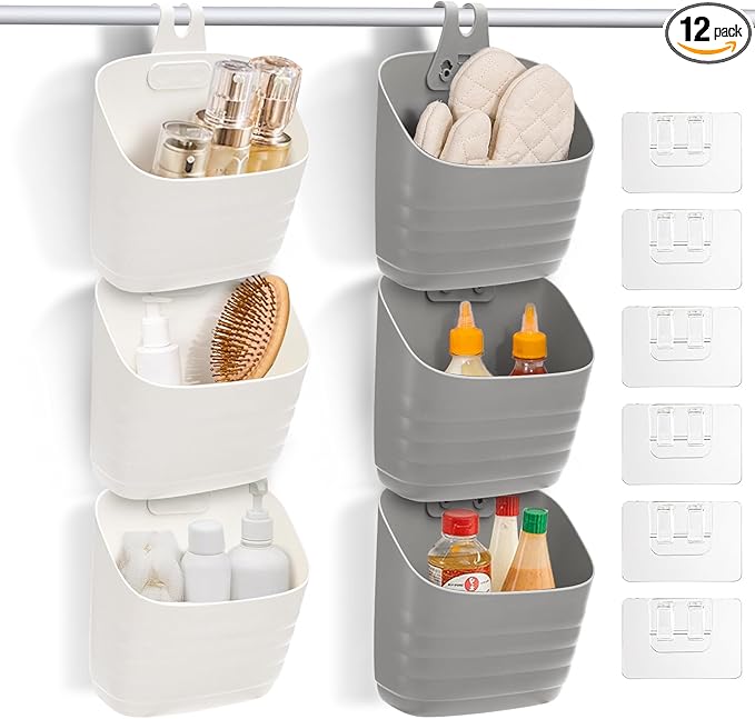 Noamus 6 Pack Plastic Hanging Basket for Kitchen, Over Cabinet Door Organizer with Removable Hook, Stackable Wall Mounted Storage Shower Caddy, No Drilling Shelf Bins for Food Bathroom Pantry Closet