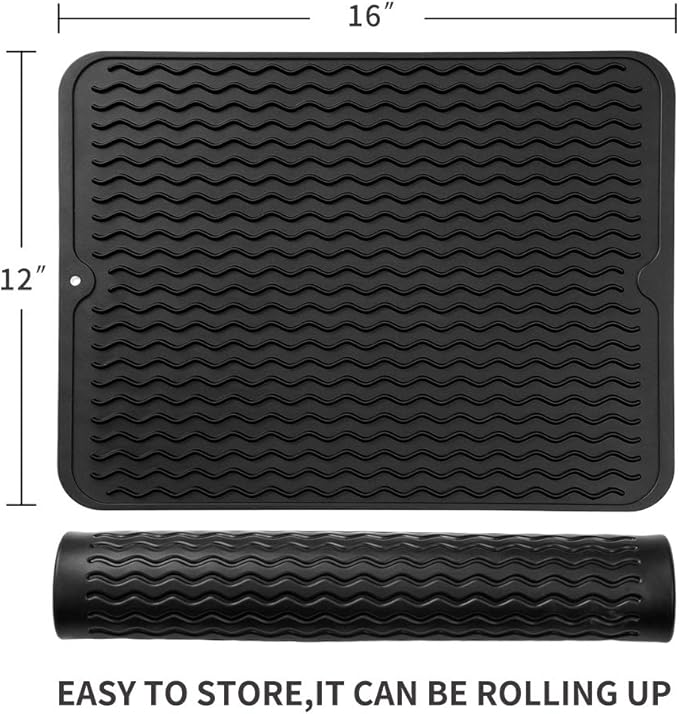 MicoYang Silicone Dish Drying Mat for Multiple Usage,Easy clean,Eco-friendly,Heat-resistant Silicone Mat for Kitchen Counter or Sink,Refrigerator or drawer liner Black L 16 inches x 12 inches