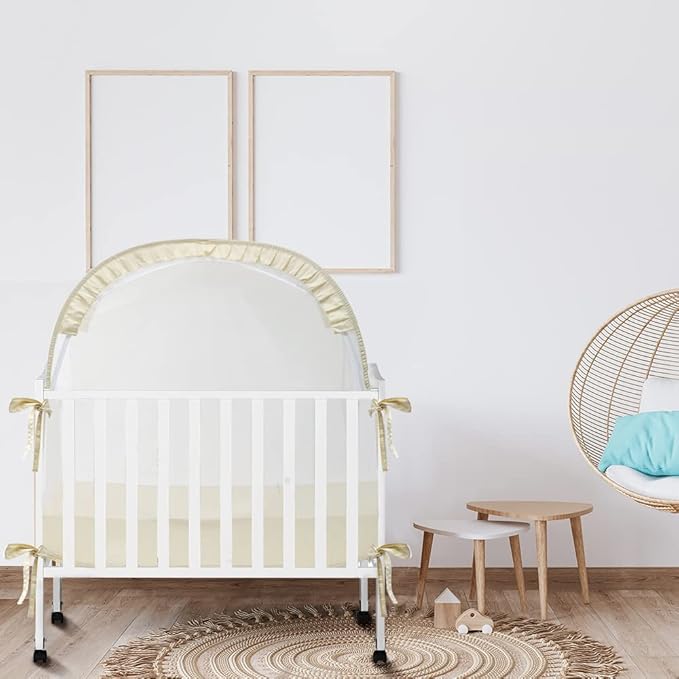 L RUNNZER Pack N Play Tent, Baby Crib Tent to Keep Baby from Climbing Out, Pop Up Crib Net for Pack and Plays, Mini Cribs & Play Yards, See-Through & Breathable Mesh Crib Canopy, Beige, R07s-beige