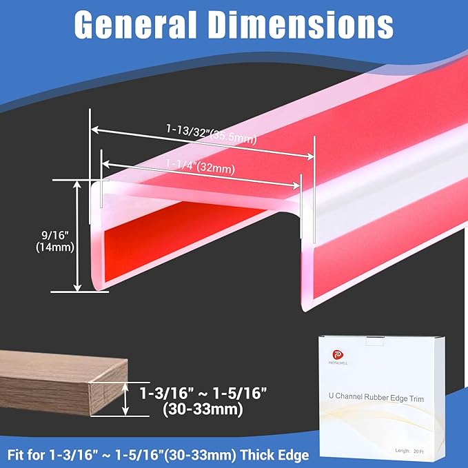 Clear Rubber Edge Trim, Self-Adhesive Transparent Edge Trim, 1-1/4"(32mm) Edge Protector for Shelves, Flexible Silicone Rubber Material, Wide U Channel Edge Guards