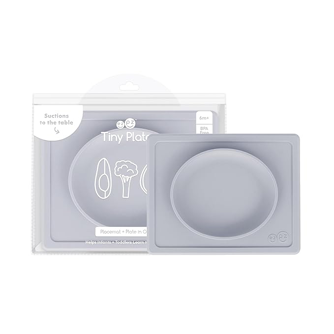 ezpz Tiny Plate (Pewter) - 6 Months+ - 100% Silicone Suction Placemat + Plate for Infants - Fits on Most Highchair Trays - Baby Led Weaning Supplies