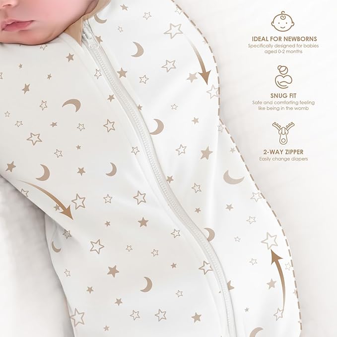 Baby Swaddle 0-2 Months, Cotton Arm-In Zipper Sleep Sack, Wearable Blankets Wrap for Newborn Infant Girls, Boys (Animal, Star Moon, Bear, Pack of 3)