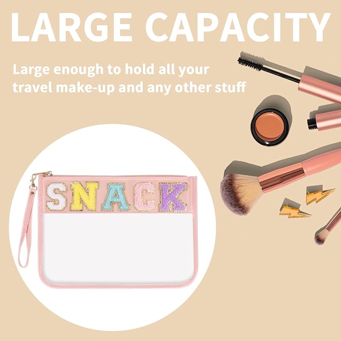 Iqimott Snack Bag Monogram Clear Letter Flat Pouch, Chenille Glitter Letter Patch Makeup Cosmetic Bag Zipper Toiletry Pouch, Portable Travel Beach Wristlet Bags for Women Girls(Snack, Pink)