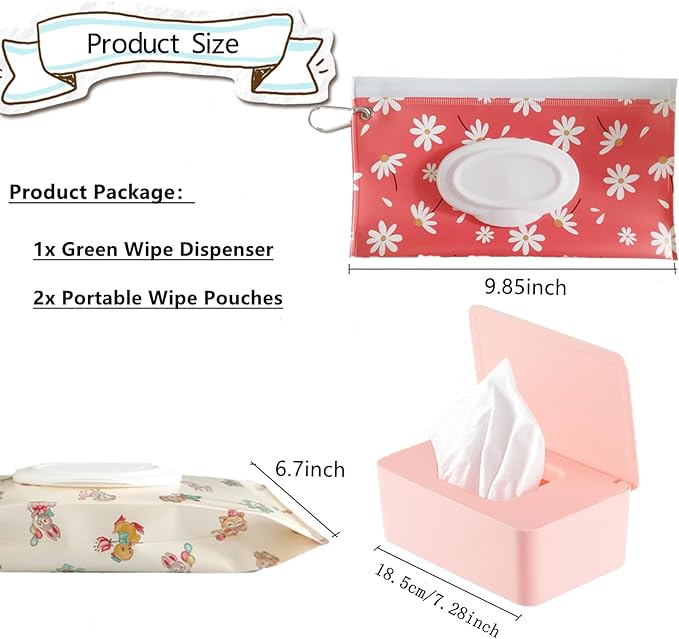 Wipes Dispenser with 2Pcs Portable Refillable Wipe Holder,Reusable Large Wipe Holder Box Flushable Wipes Case Bathroom Wipes Container for Pet Nursery Kitchen Office Counter(Pink)