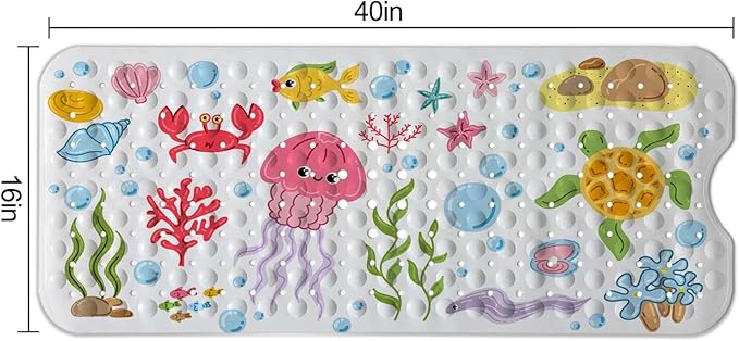 KINUUIS Bathtub Mats for Kids, Cartoon Bath Mats for Bathroom Non Slip, Large Washable Shower mats for Showers with Drain Holes and Suction Cups (Jellyfish, 40 X 16 Inch)