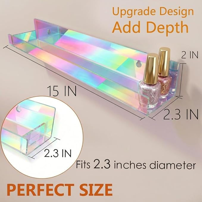 RORKIM 4 Pack 15 Inch Iridescent Acrylic Shelves, Clear Rainbow Floating Shelves for Wall, Modern Sunglasses Essential Oil Picture Ledge Display Toy Storage Wall Shelf