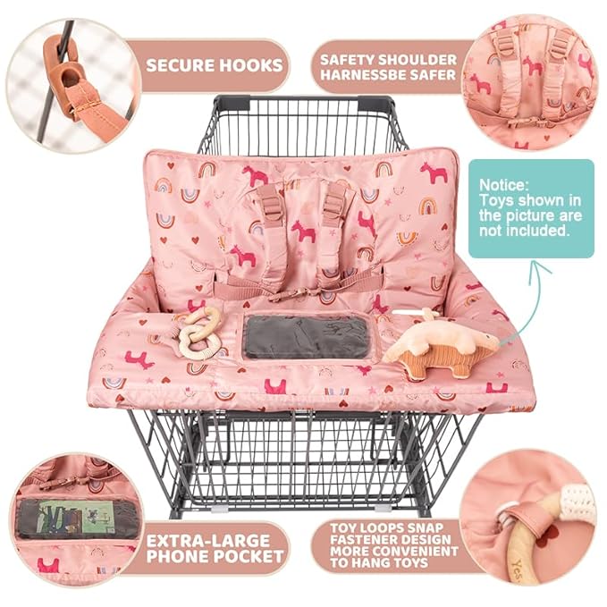 Shopping Cart Cover for Baby 2 in 1 High Chair Covers for Restaurant Comfortable Grocery Cart Seat Covers for Infant, Toddler Universal Suitable for Most Shopping Carts Machine Washable, DJ Pink