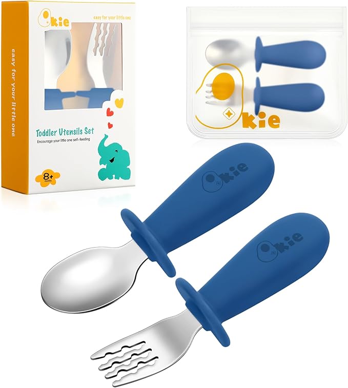 Qkie Toddler Utensils, Toddler Forks and Spoons, Baby Spoons Self Feeding, Stainless Steel Baby Silverware with BPA Free Silicone Easy Grip, 8 Months+ (Navy)